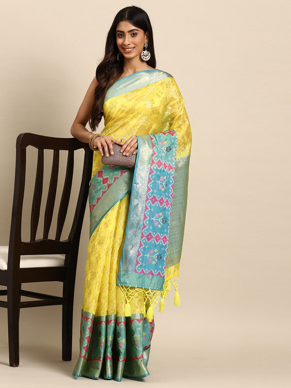 Yellow Silk Blend Woven Zari Design Geomatric Saree with Unstitched Blouse - Hiral Fashion | Grocsy