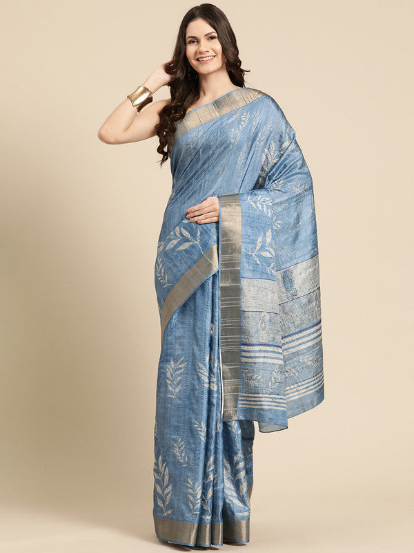 Blue Silk Blend Digital Print Floral Saree with Unstitched Blouse - Hiral Fashion | Grocsy