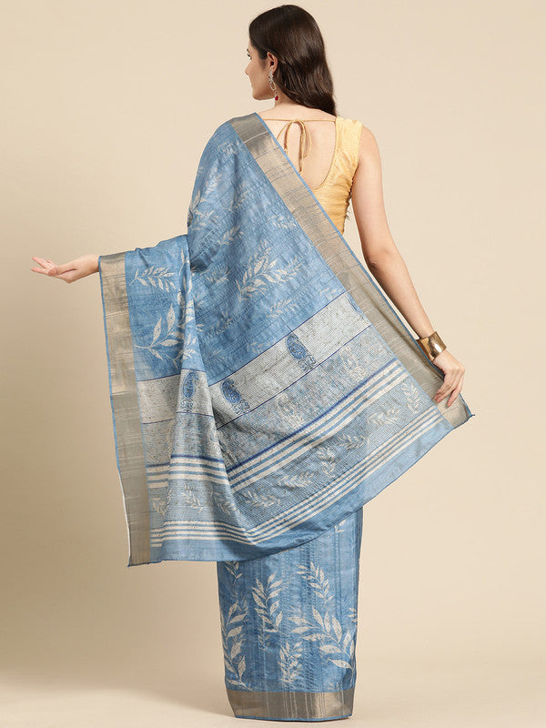 Blue Silk Blend Digital Print Floral Saree with Unstitched Blouse - Hiral Fashion | Grocsy