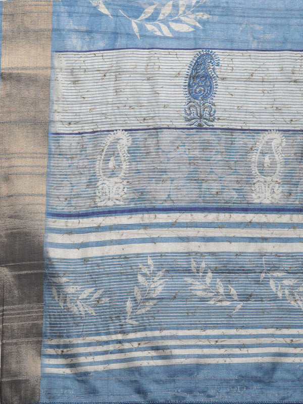Blue Silk Blend Digital Print Floral Saree with Unstitched Blouse - Hiral Fashion | Grocsy