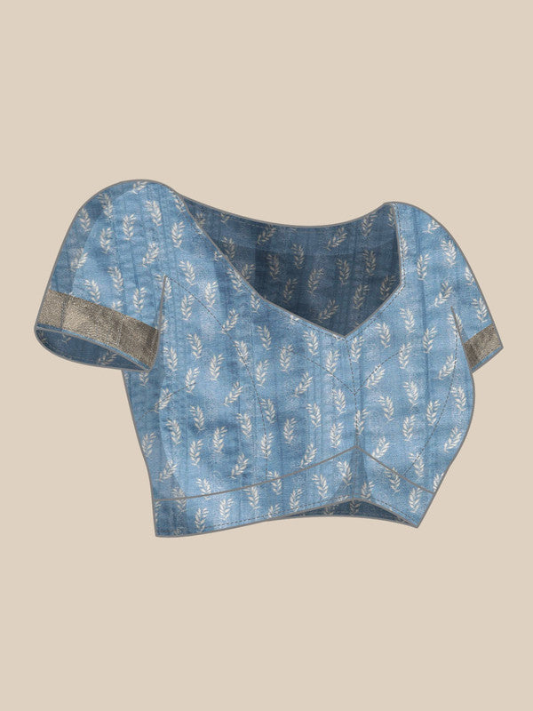 Blue Silk Blend Digital Print Floral Saree with Unstitched Blouse - Hiral Fashion | Grocsy