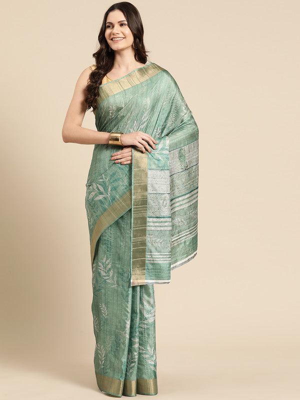 Green Silk Blend Digital Print Floral Saree with Unstitched Blouse - Hiral Fashion | Grocsy