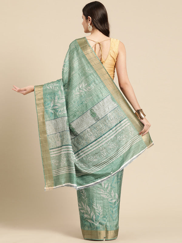 Green Silk Blend Digital Print Floral Saree with Unstitched Blouse - Hiral Fashion | Grocsy