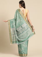 Green Silk Blend Digital Print Floral Saree with Unstitched Blouse - Hiral Fashion | Grocsy