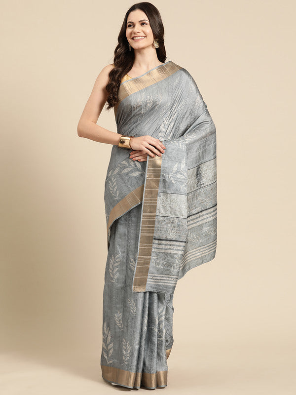 Gray Silk Blend Digital Print Floral Saree with Unstitched Blouse - Hiral Fashion | Grocsy