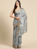 Gray Silk Blend Digital Print Floral Saree with Unstitched Blouse - Hiral Fashion | Grocsy