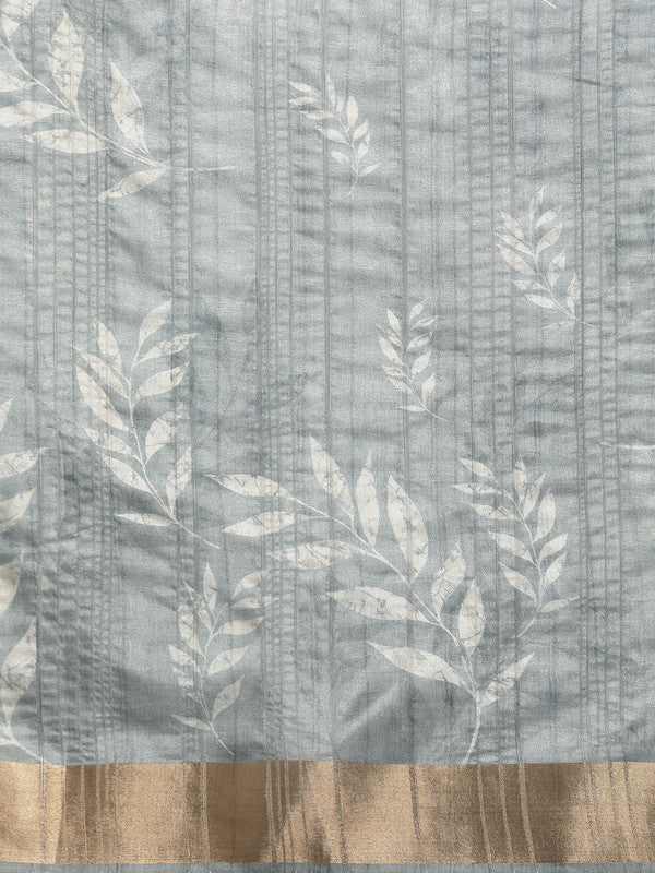 Gray Silk Blend Digital Print Floral Saree with Unstitched Blouse - Hiral Fashion | Grocsy