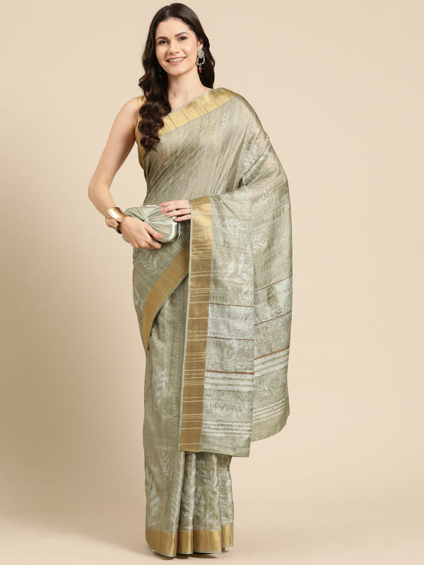 Olive Silk Blend Digital Print Floral Saree with Unstitched Blouse - Hiral Fashion | Grocsy