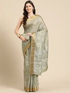 Olive Silk Blend Digital Print Floral Saree with Unstitched Blouse - Hiral Fashion | Grocsy