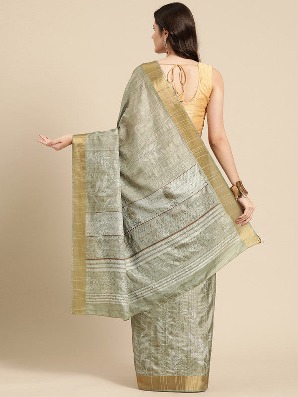 Olive Silk Blend Digital Print Floral Saree with Unstitched Blouse - Hiral Fashion | Grocsy