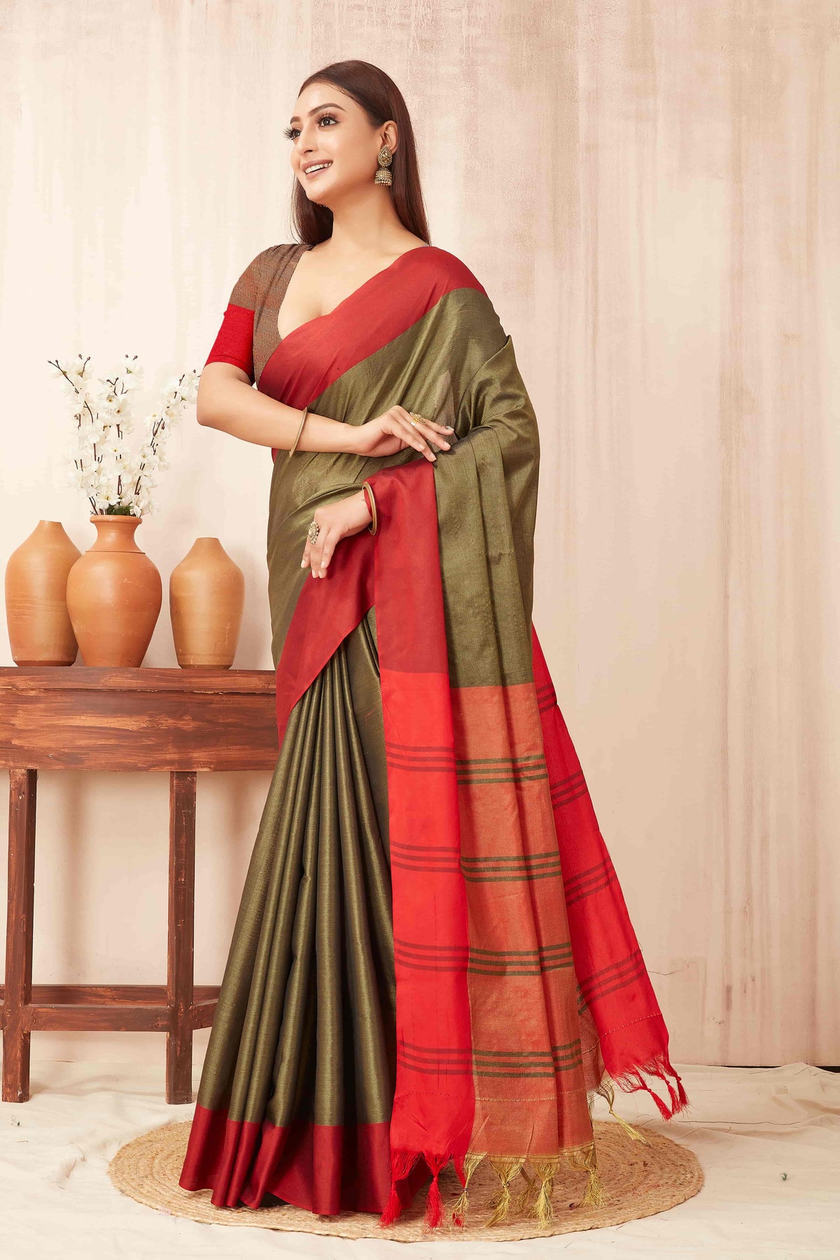 Hiral Fashion Olive Banarasi Soft Silk Solid Saree | Grocsy