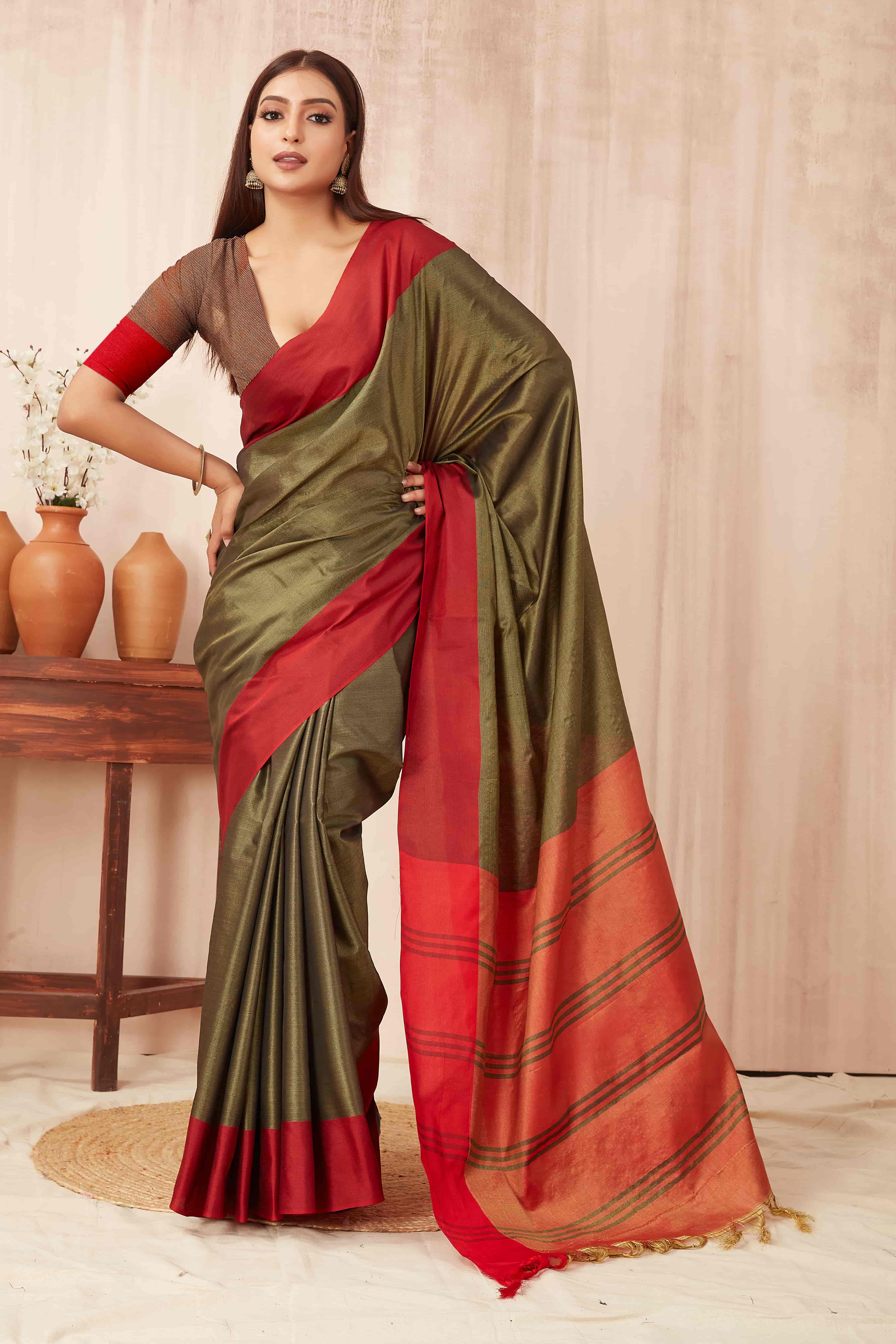 Hiral Fashion Olive Banarasi Soft Silk Solid Saree | Grocsy