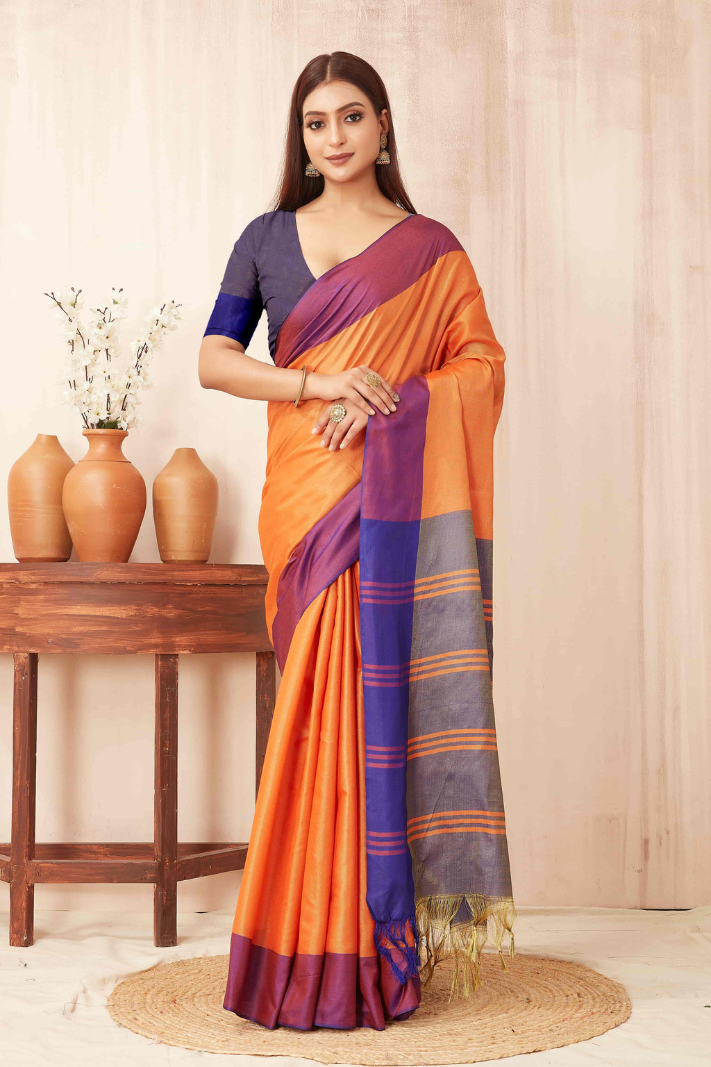 Hiral Fashion Orange Banarasi Soft Silk Solid Saree | Grocsy