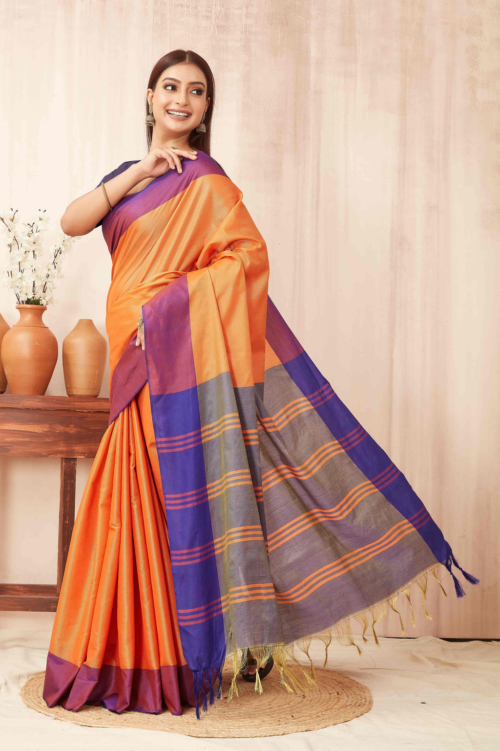 Hiral Fashion Orange Banarasi Soft Silk Solid Saree | Grocsy