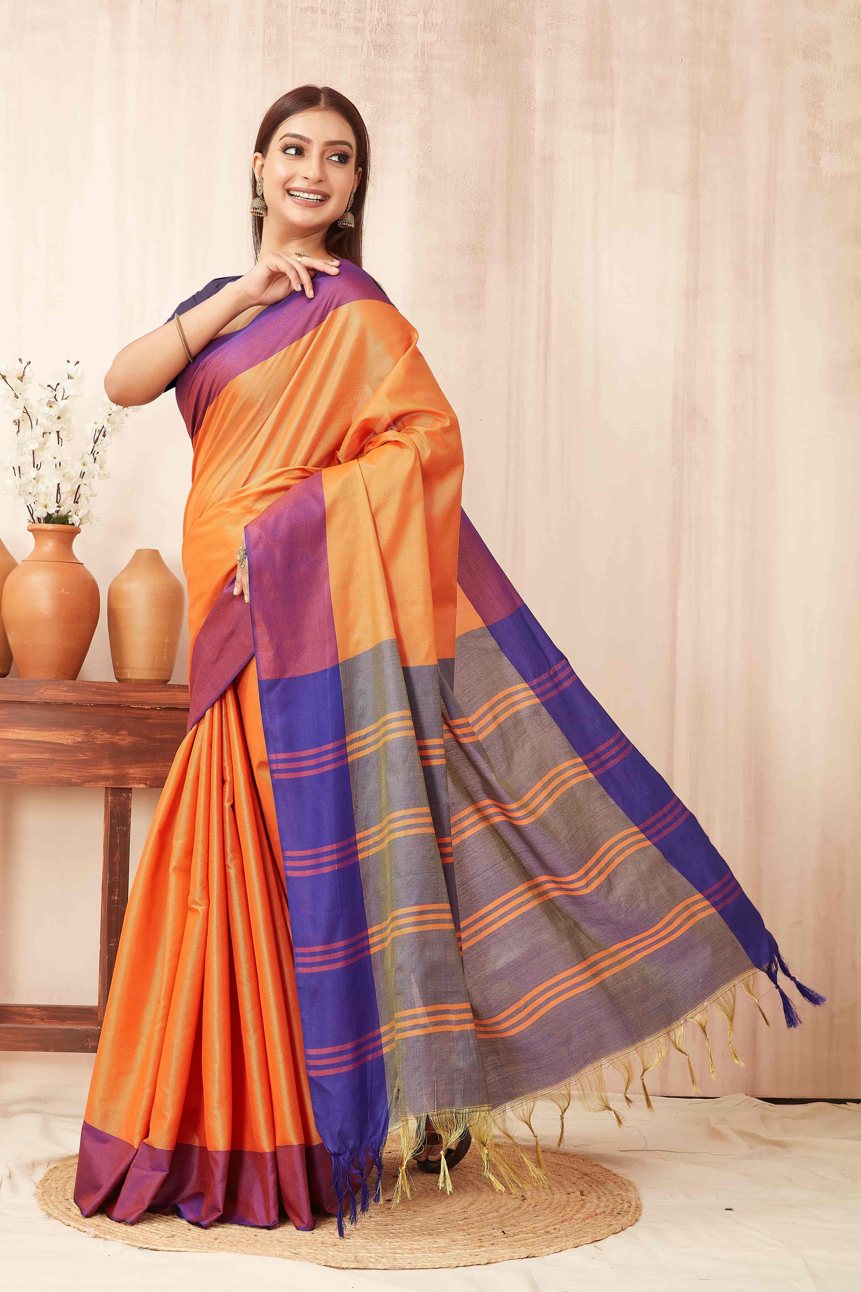 Hiral Fashion Orange Banarasi Soft Silk Solid Saree | Grocsy
