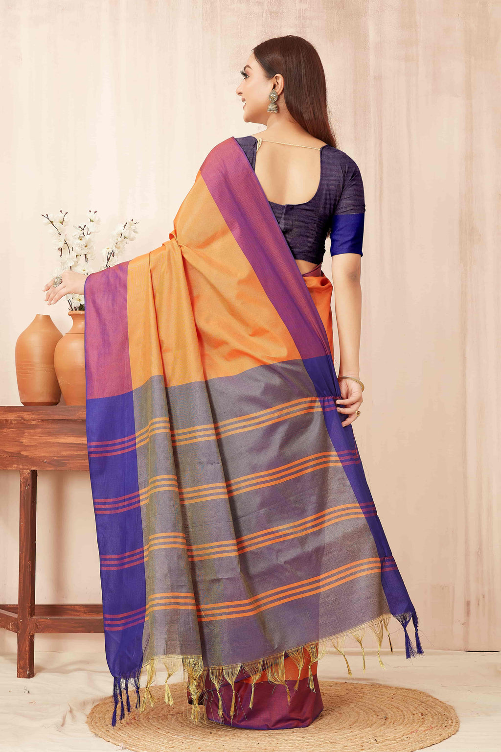 Hiral Fashion Orange Banarasi Soft Silk Solid Saree | Grocsy