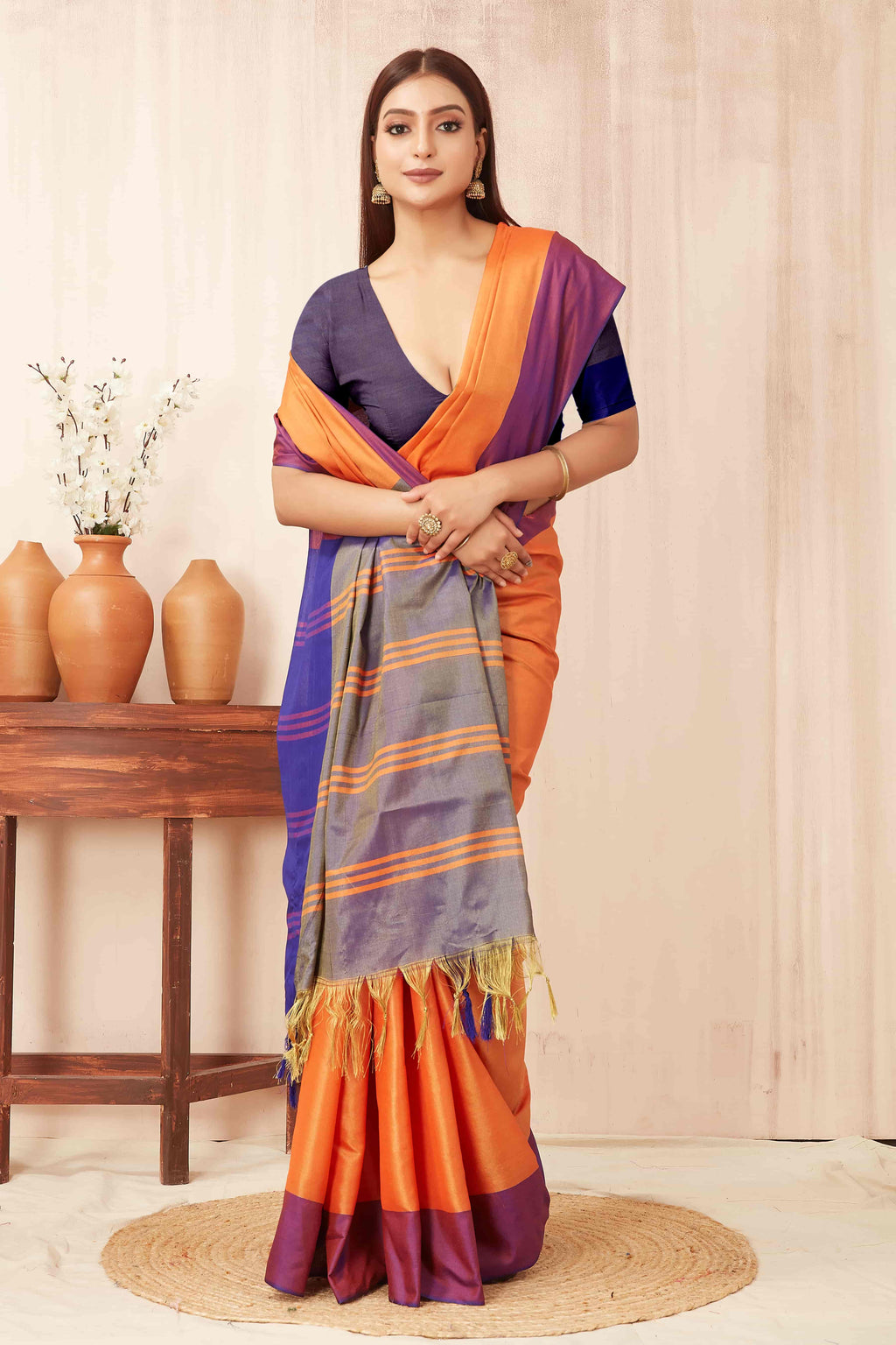 Hiral Fashion Orange Banarasi Soft Silk Solid Saree | Grocsy
