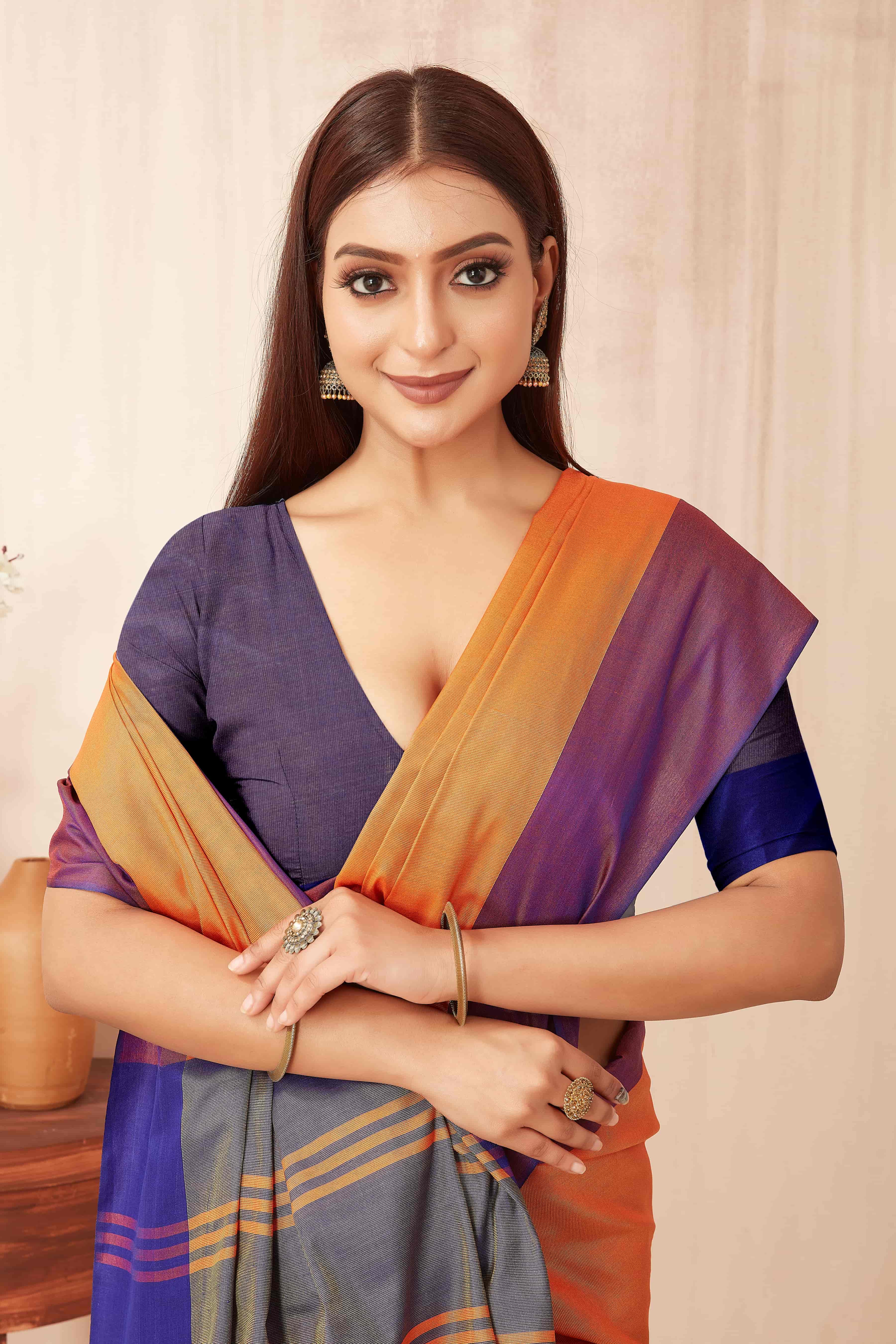 Hiral Fashion Orange Banarasi Soft Silk Solid Saree | Grocsy