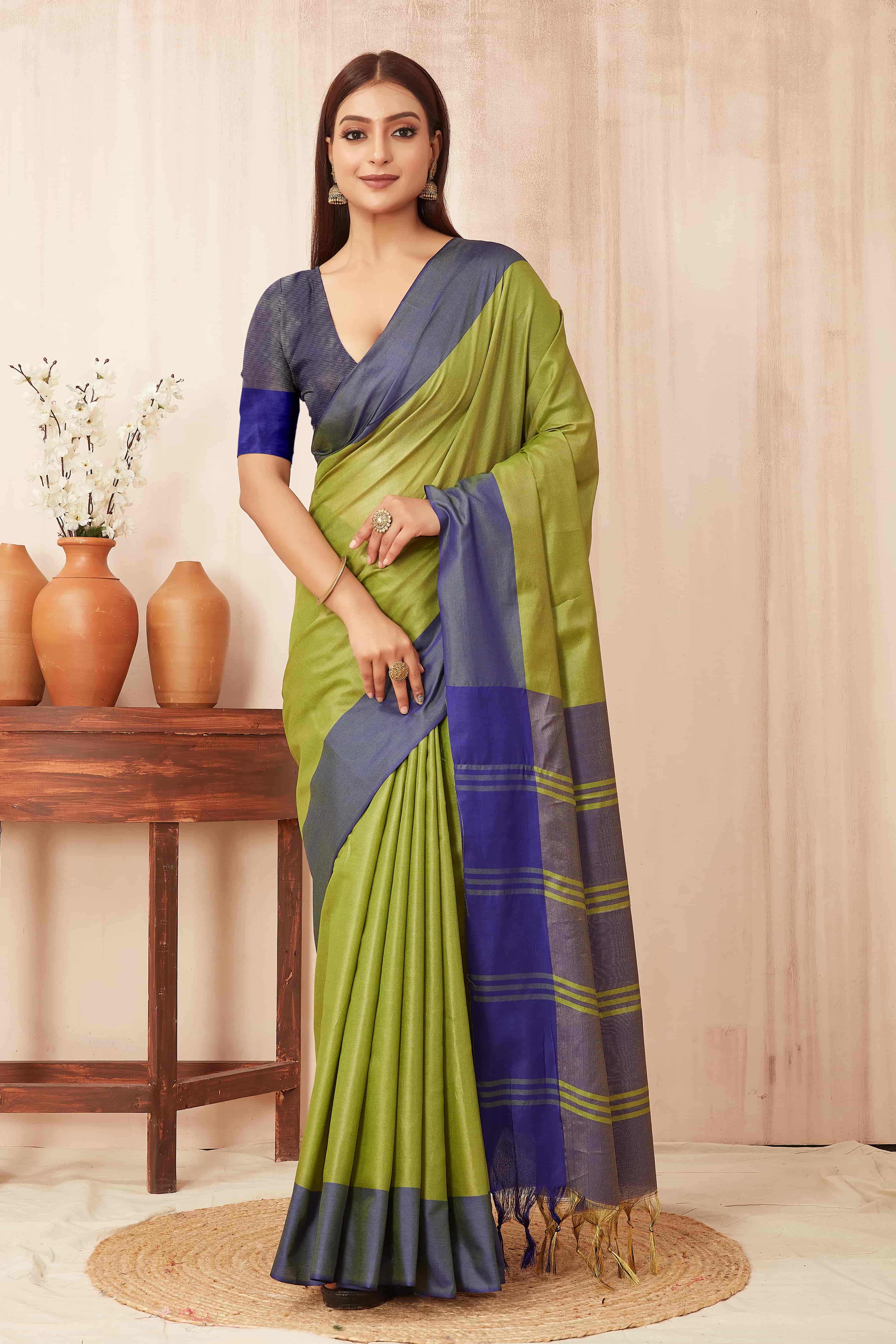 Hiral Fashion Green Banarasi Soft Silk Solid Saree | Grocsy