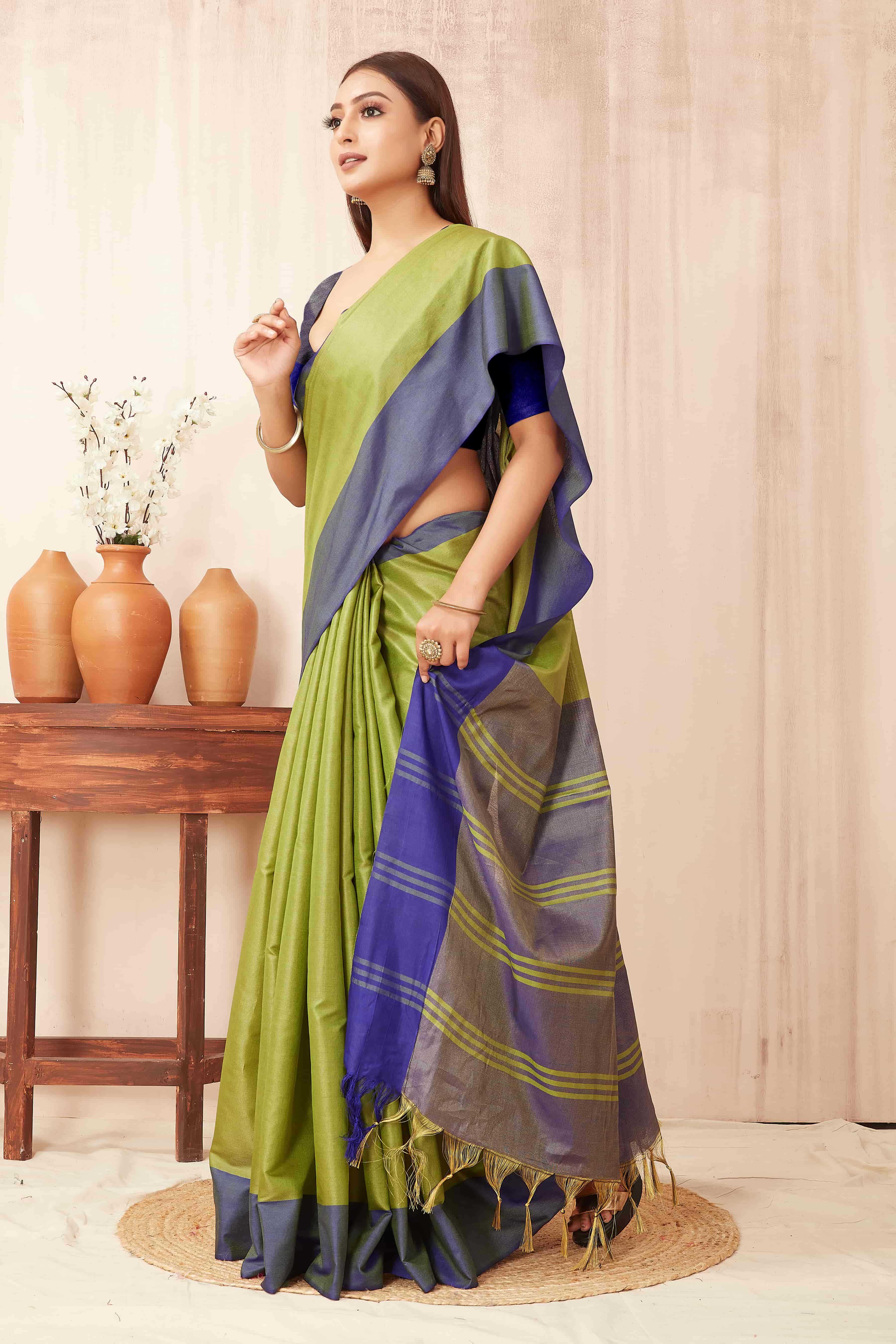 Hiral Fashion Green Banarasi Soft Silk Solid Saree | Grocsy