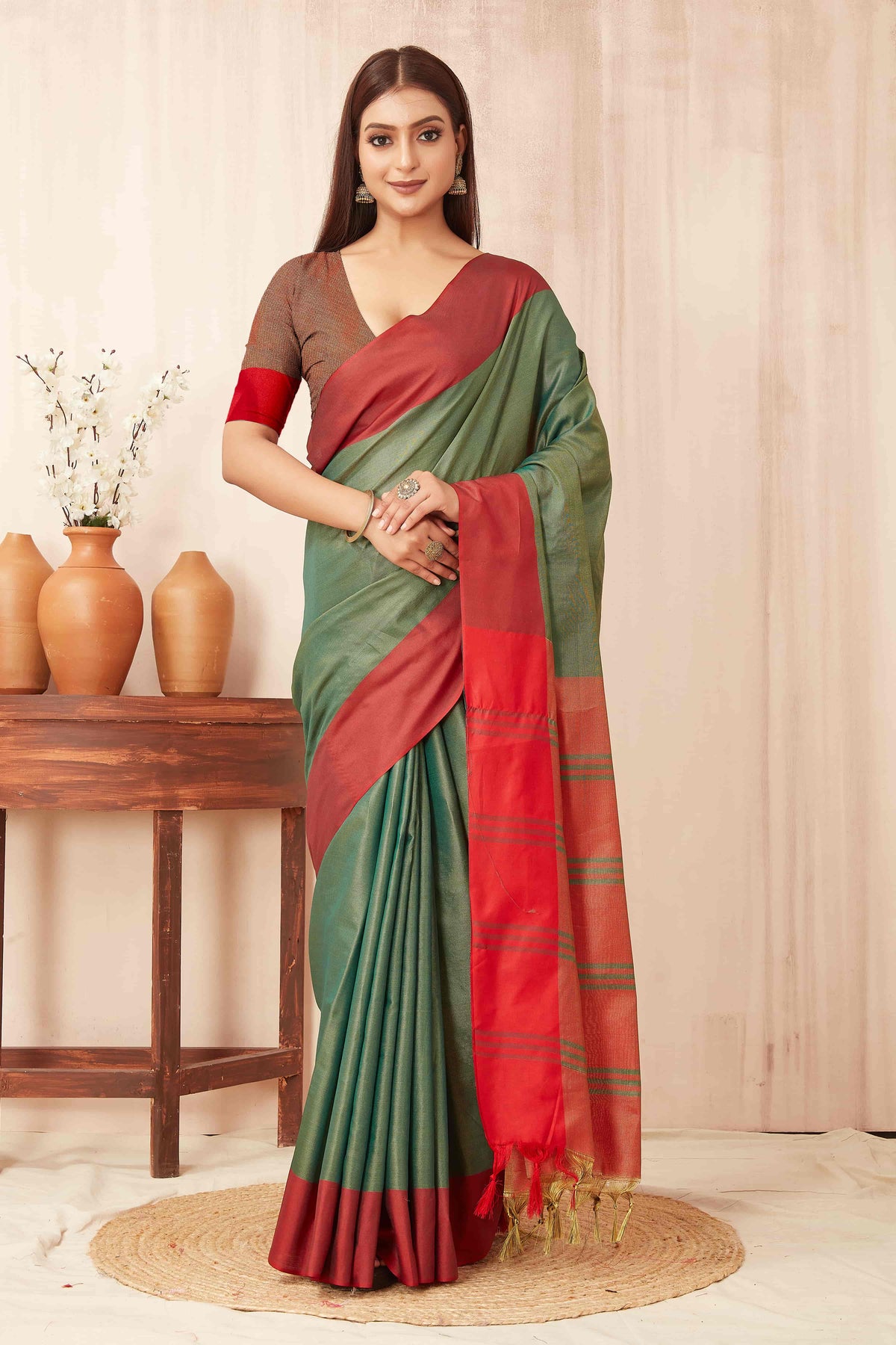 Hiral Fashion Green Banarasi Soft Silk Solid Saree | Grocsy