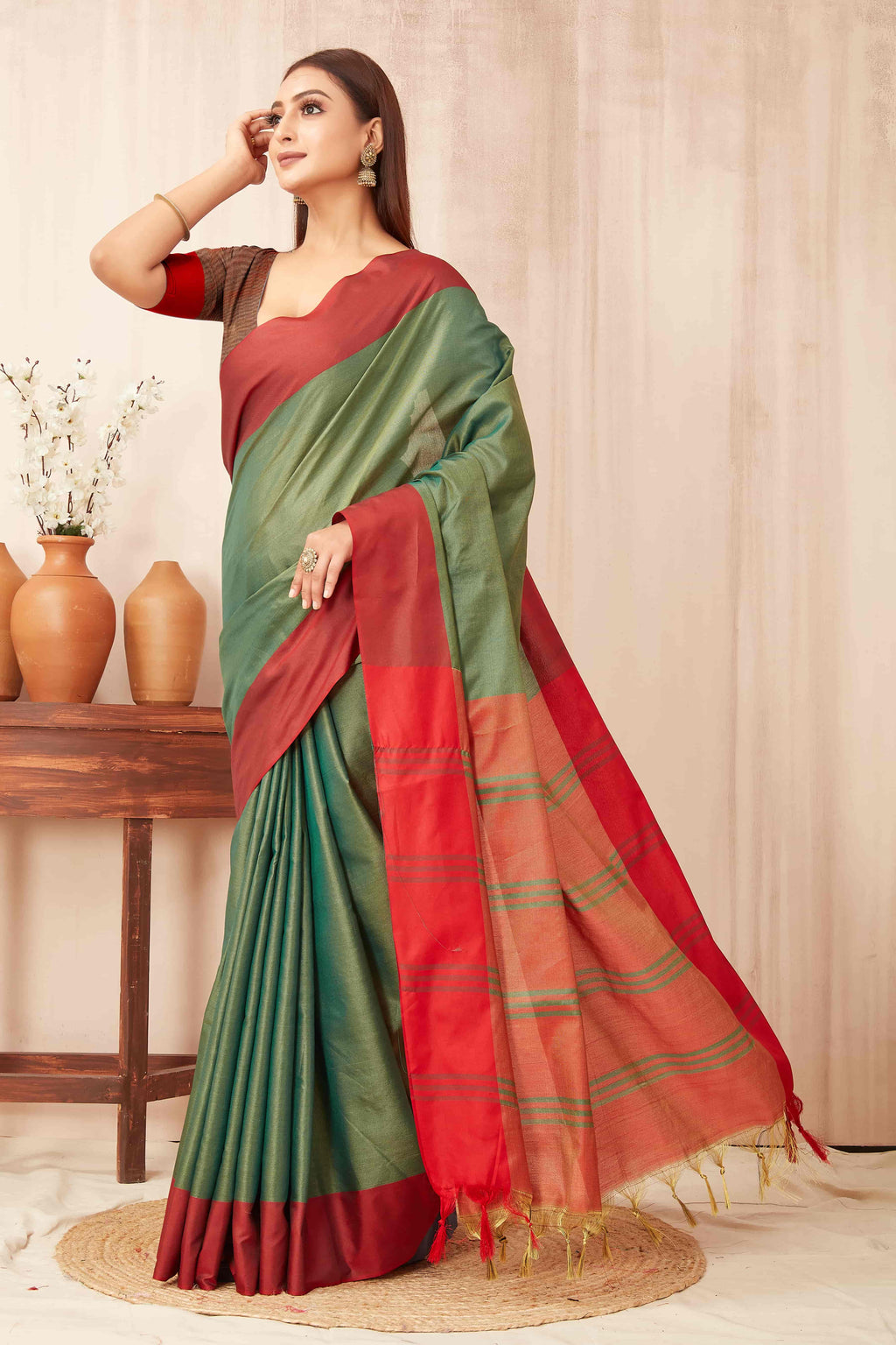 Hiral Fashion Green Banarasi Soft Silk Solid Saree | Grocsy