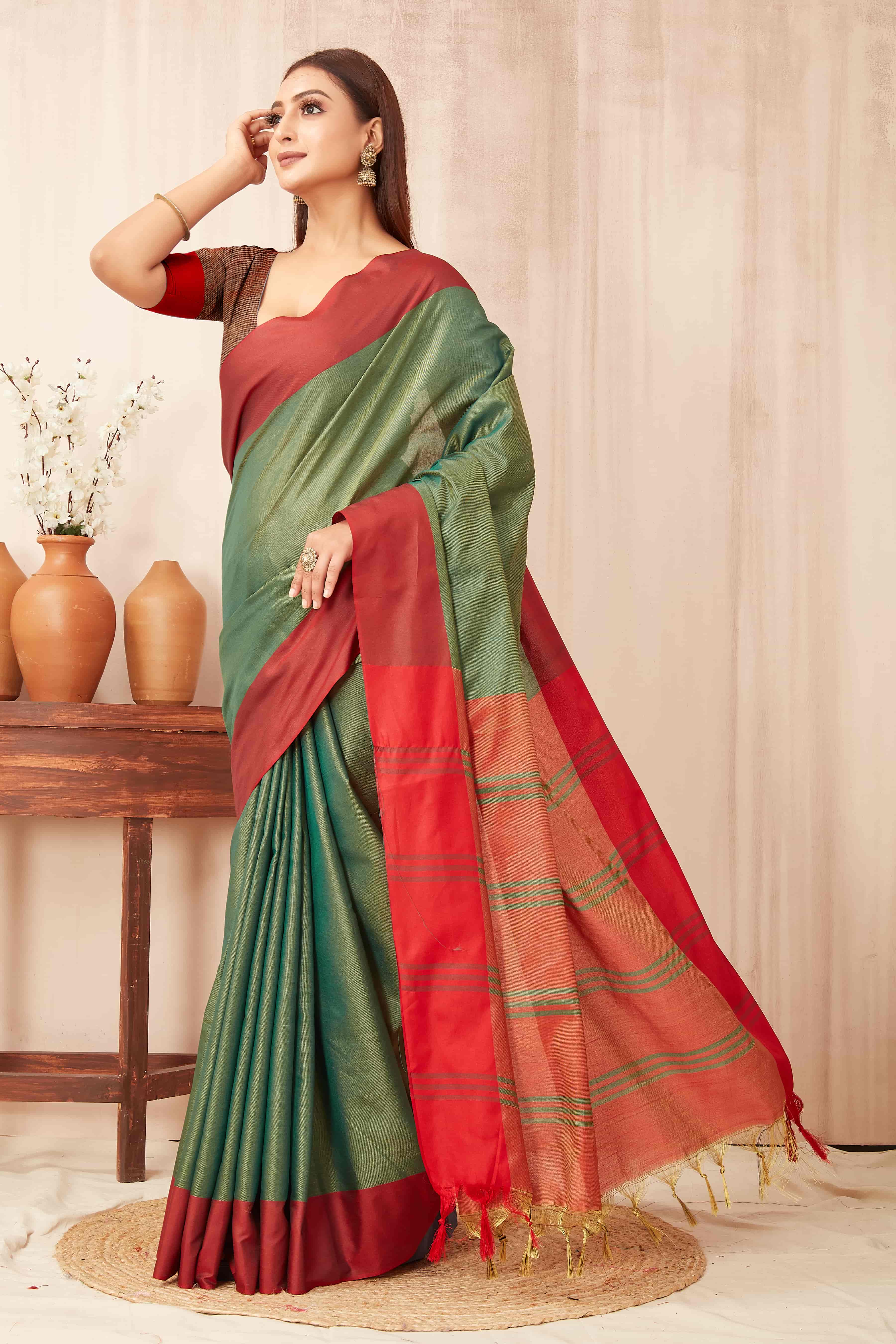 Hiral Fashion Green Banarasi Soft Silk Solid Saree | Grocsy