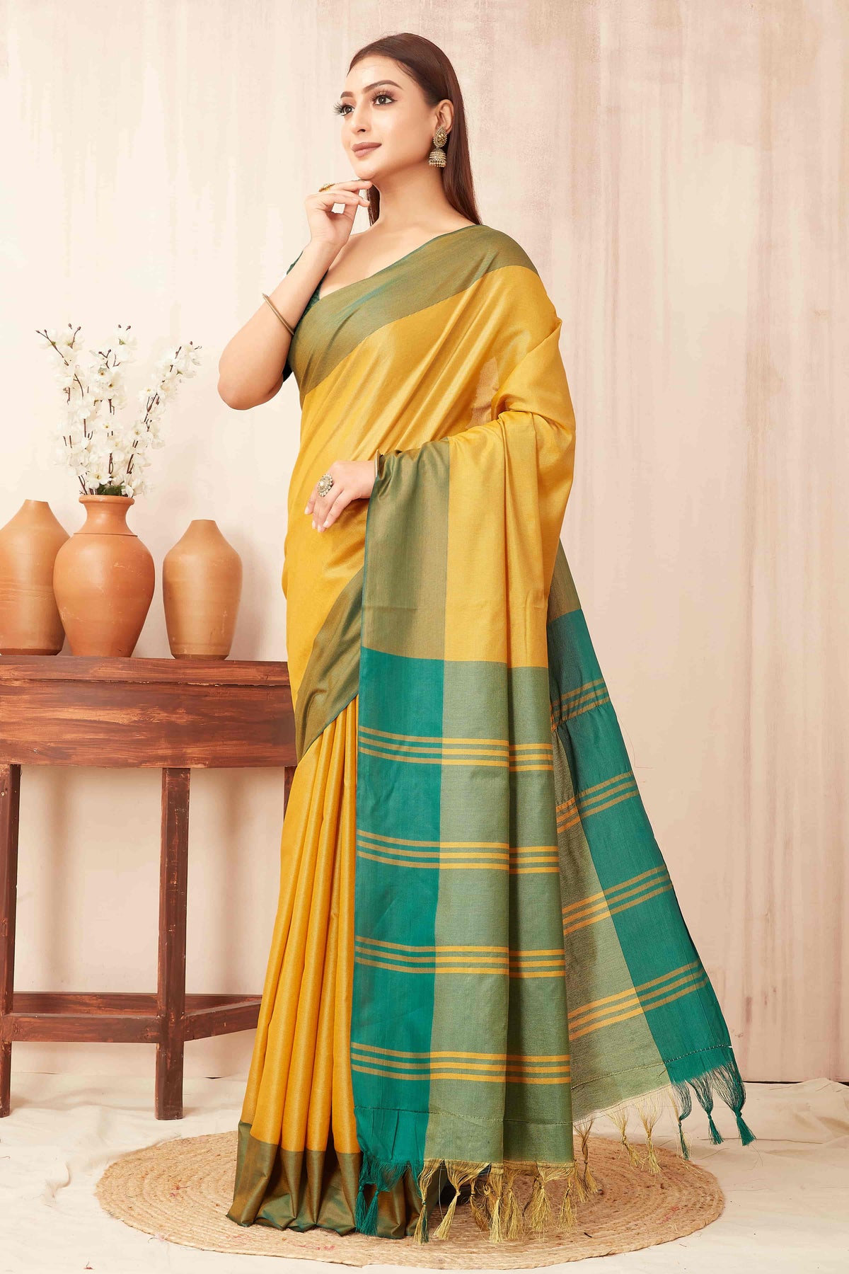 Hiral Fashion Yellow Banarasi Soft Silk Solid Saree | Grocsy