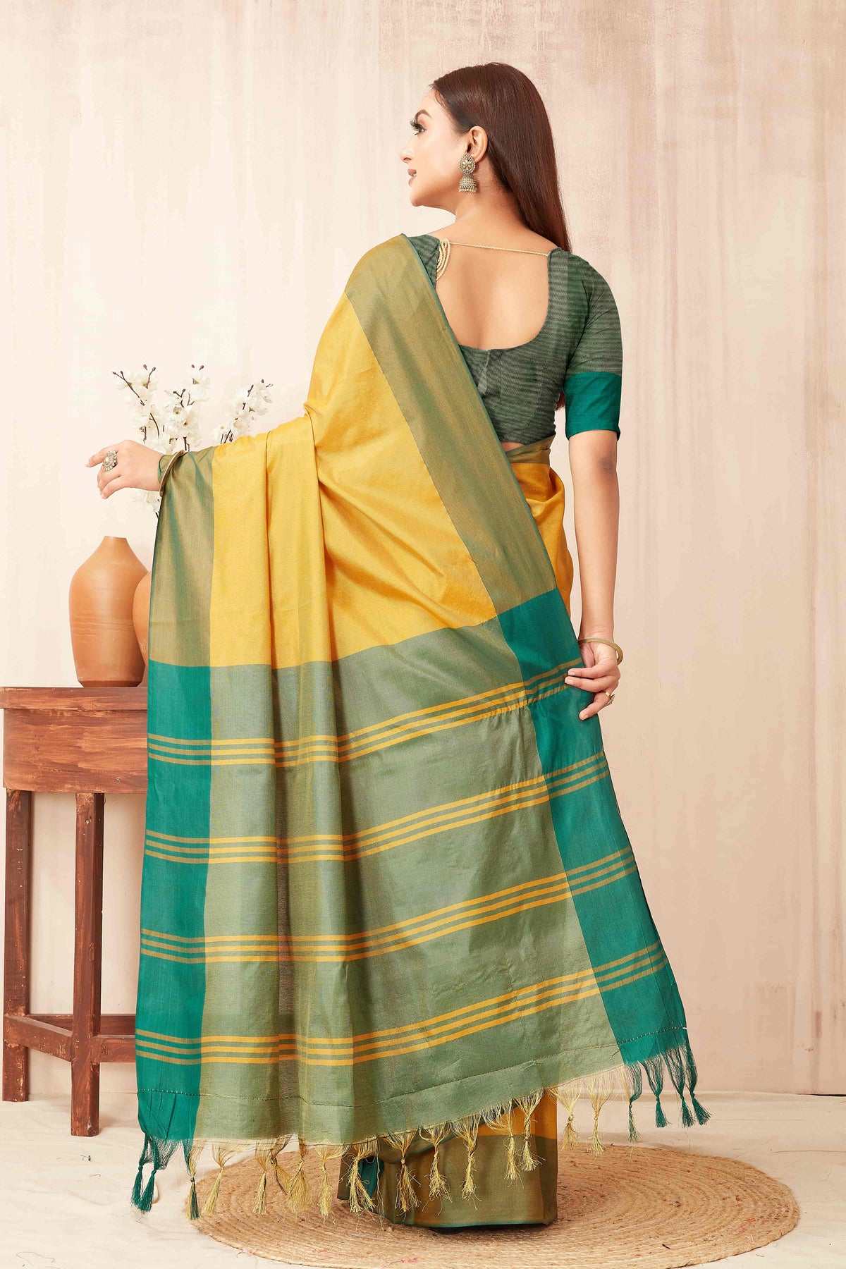 Hiral Fashion Yellow Banarasi Soft Silk Solid Saree | Grocsy