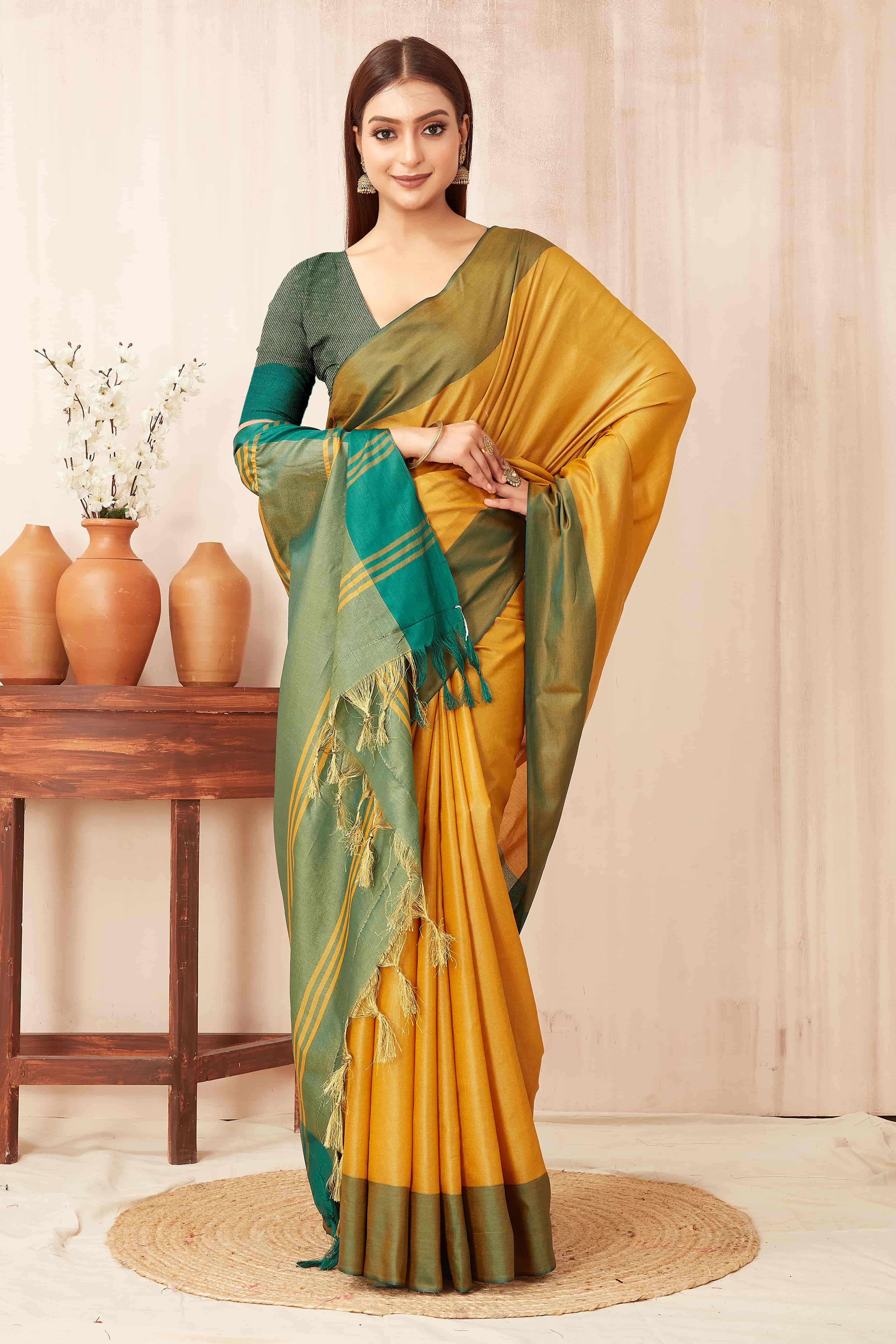 Hiral Fashion Yellow Banarasi Soft Silk Solid Saree | Grocsy