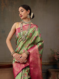 Green Pure Silk Woven Zari Design Floral Saree with Unstitched Blouse - Hiral Fashion | Grocsy