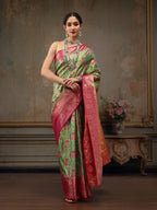 Green Pure Silk Woven Zari Design Floral Saree with Unstitched Blouse - Hiral Fashion | Grocsy