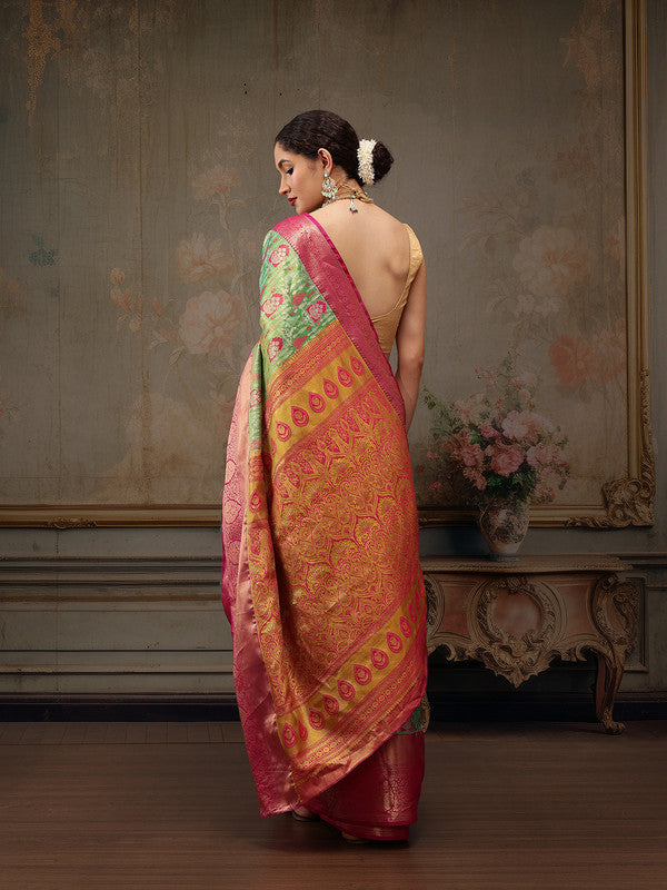 Green Pure Silk Woven Zari Design Floral Saree with Unstitched Blouse - Hiral Fashion | Grocsy