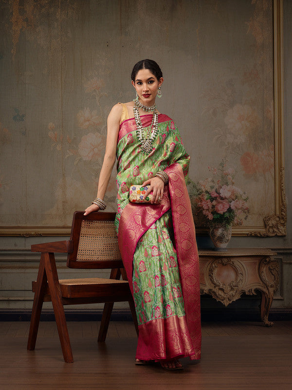 Green Pure Silk Woven Zari Design Floral Saree with Unstitched Blouse - Hiral Fashion | Grocsy