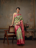 Green Pure Silk Woven Zari Design Floral Saree with Unstitched Blouse - Hiral Fashion | Grocsy