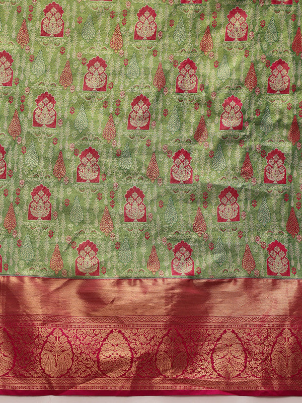 Green Pure Silk Woven Zari Design Floral Saree with Unstitched Blouse - Hiral Fashion | Grocsy