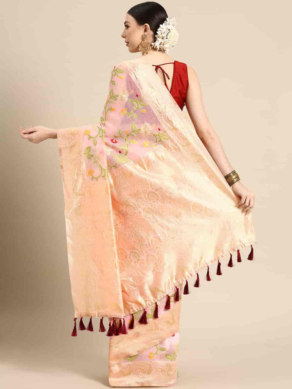 Light Pink Pure Cotton Woven Zari Design Floral Saree with Unstitched Blouse - Hiral Fashion | Grocsy