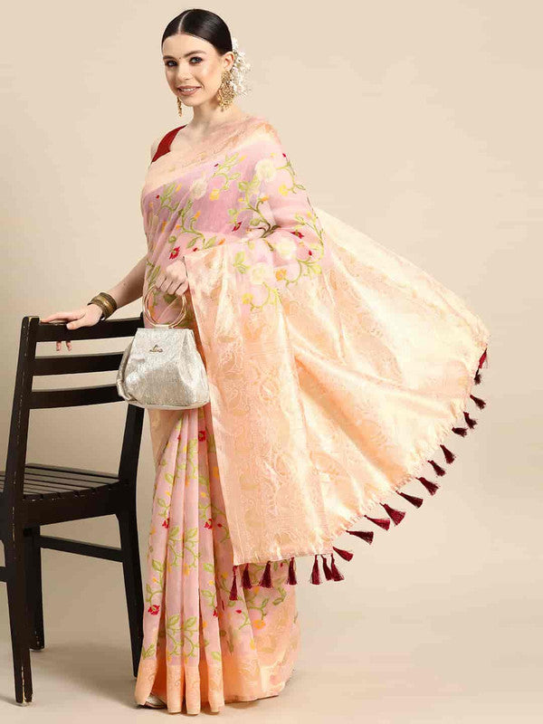 Light Pink Pure Cotton Woven Zari Design Floral Saree with Unstitched Blouse - Hiral Fashion | Grocsy