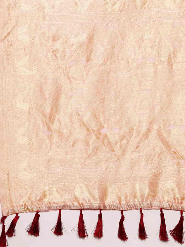 Light Pink Pure Cotton Woven Zari Design Floral Saree with Unstitched Blouse - Hiral Fashion | Grocsy