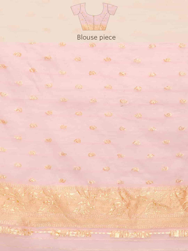 Light Pink Pure Cotton Woven Zari Design Floral Saree with Unstitched Blouse - Hiral Fashion | Grocsy