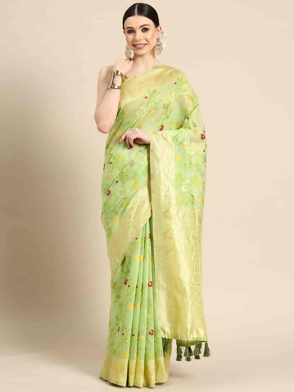 Green Pure Cotton Woven Zari Design Floral Saree with Unstitched Blouse - Hiral Fashion | Grocsy