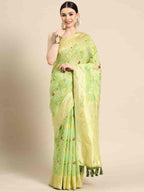 Green Pure Cotton Woven Zari Design Floral Saree with Unstitched Blouse - Hiral Fashion | Grocsy