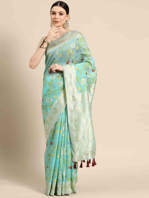 Turquoise Pure Cotton Woven Zari Design Floral Saree with Unstitched Blouse - Hiral Fashion | Grocsy
