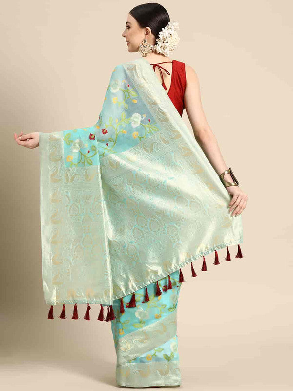 Turquoise Pure Cotton Woven Zari Design Floral Saree with Unstitched Blouse - Hiral Fashion | Grocsy