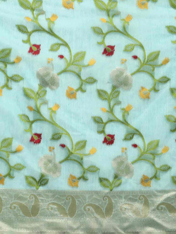 Turquoise Pure Cotton Woven Zari Design Floral Saree with Unstitched Blouse - Hiral Fashion | Grocsy