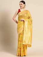 Yellow Pure Cotton Woven Zari Design Floral Saree with Unstitched Blouse - Hiral Fashion | Grocsy