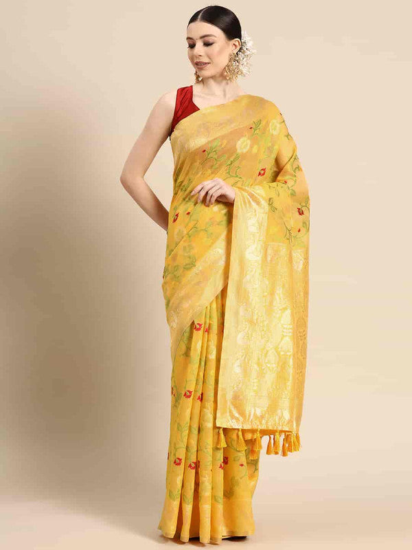 Yellow Pure Cotton Woven Zari Design Floral Saree with Unstitched Blouse - Hiral Fashion | Grocsy