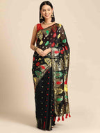 Black Pure Cotton Woven Zari Design Paisley Saree with Unstitched Blouse - Hiral Fashion | Grocsy