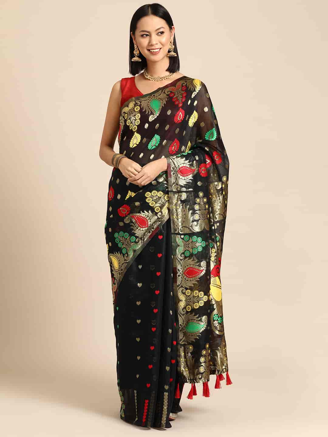 Black Pure Cotton Woven Zari Design Paisley Saree with Unstitched Blouse - Hiral Fashion | Grocsy