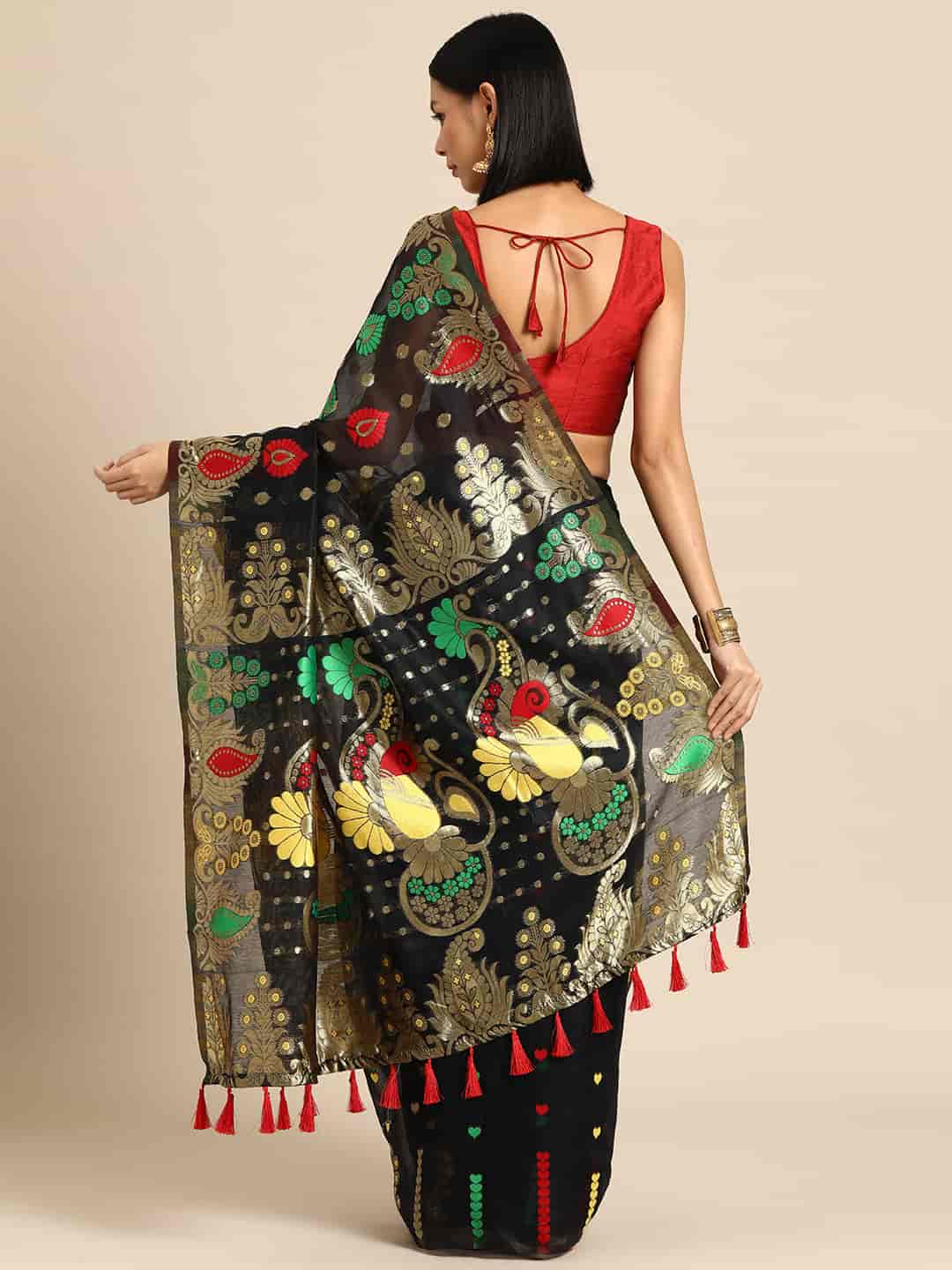 Black Pure Cotton Woven Zari Design Paisley Saree with Unstitched Blouse - Hiral Fashion | Grocsy